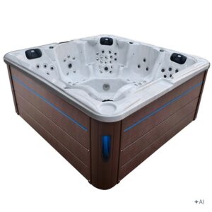 Jacuzzi ogrodowe SPA702 – Biały marmur / obudowa kawa – 230 × 230 cm