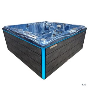 Jacuzzi ogrodowe SPA747 – Niebieska fala oceanu / obudowa szara deska f22 – 210 × 210 cm