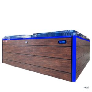 Jacuzzi ogrodowe SPA748 – Niebieska fala oceanu / obudowa brązowa deska f21 – 230 × 230 cm